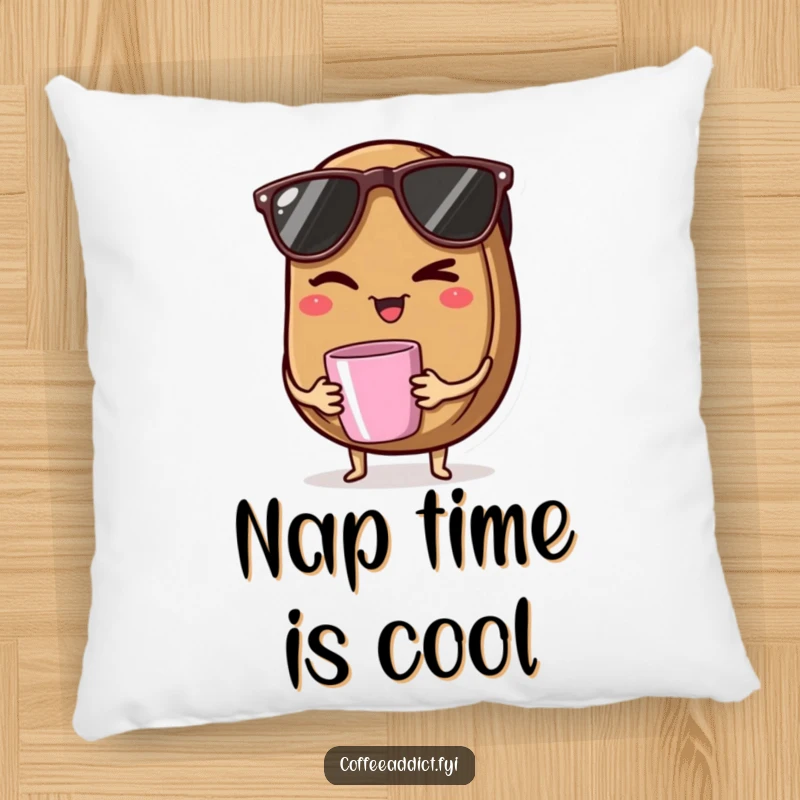 Funny pillow depicting a coffee bean wearing sunglasses, winking, and holding a tiny mug, soft and amusing.