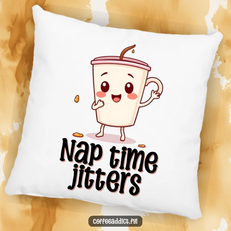 Funny pillow featuring a coffee cup character doing a silly dance, spilling drops, offering comfort and a touch of whimsical fun.