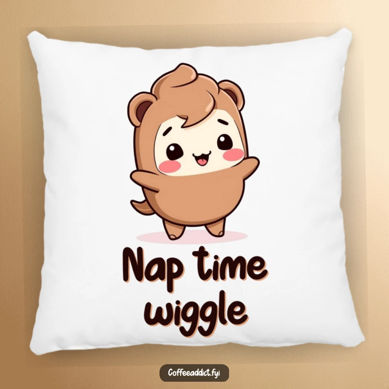 Funny Kawaii mocha pillow with a giggling character doing a joyful wiggle, providing comfort and a cheerful vibe.