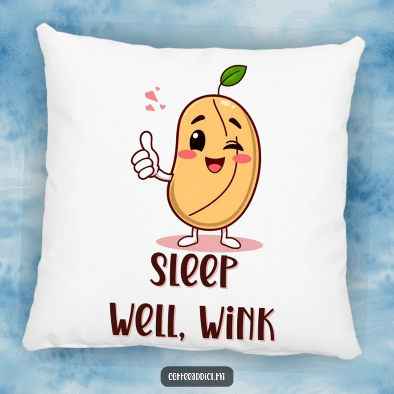 Funny Pillow: Coffee bean character giving an enthusiastic thumbs-up with a wink, providing humorous comfort and encouraging decor.