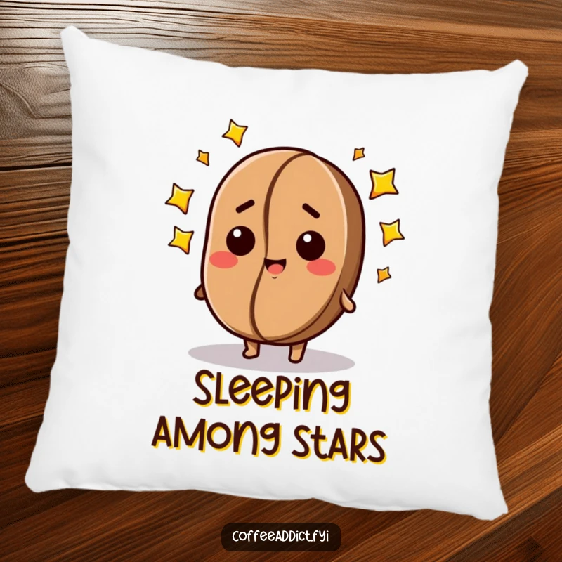 Funny pillow featuring a dazed, happy coffee bean character surrounded by twinkling stars, offering ultimate comfort and whimsical decor.