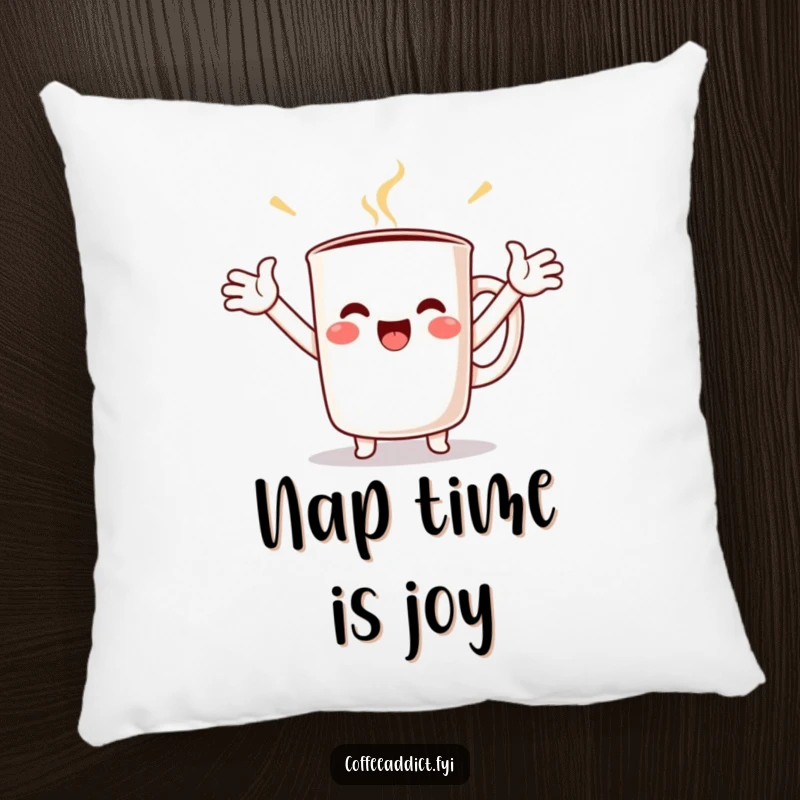 Funny Kawaii Coffee Mug Pillow featuring a character with arms outstretched, radiating pure joy and soft, comforting vibes.