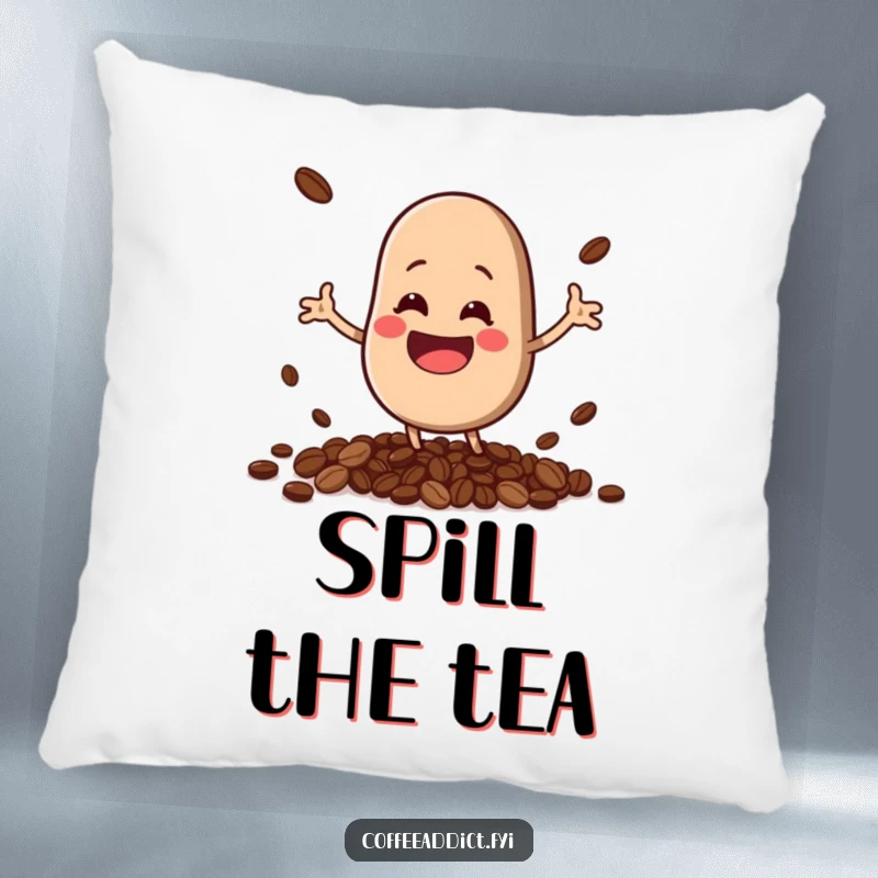 Funny kawaii coffee bean character with a huge grin, comically spilling beans, designed on a soft, plush pillow.