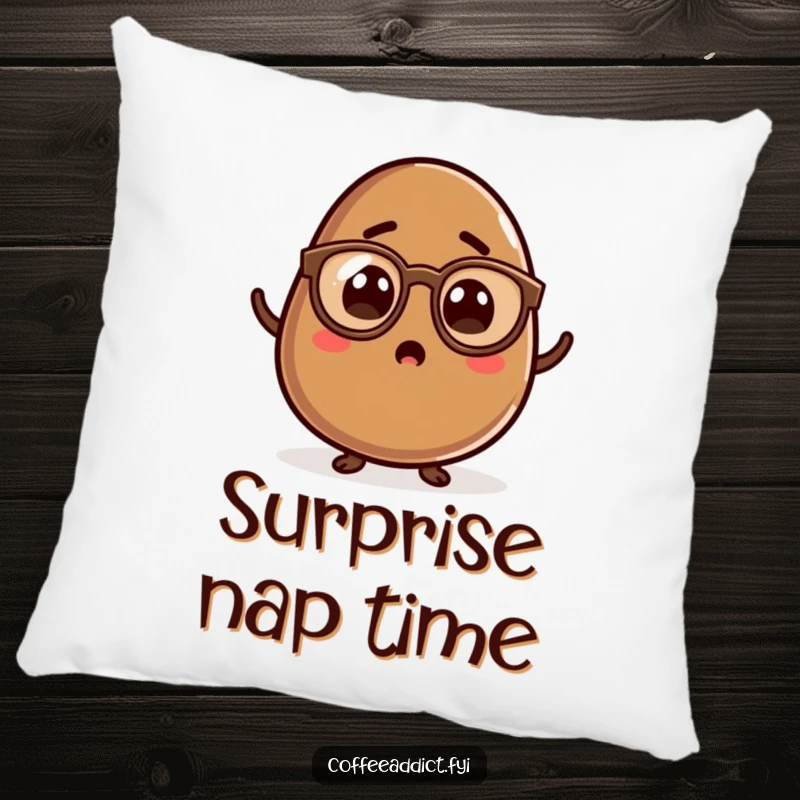 Funny Kawaii Coffee Bean Pillow featuring a surprised character wearing spectacles, perfect for adding cozy and whimsical comfort.