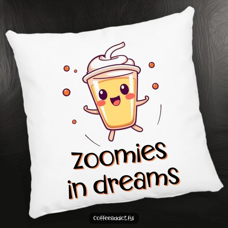 Funny Kawaii Espresso Shot Pillow featuring a character zipping around with lively energy, offering a fun and comfortable decorative touch.