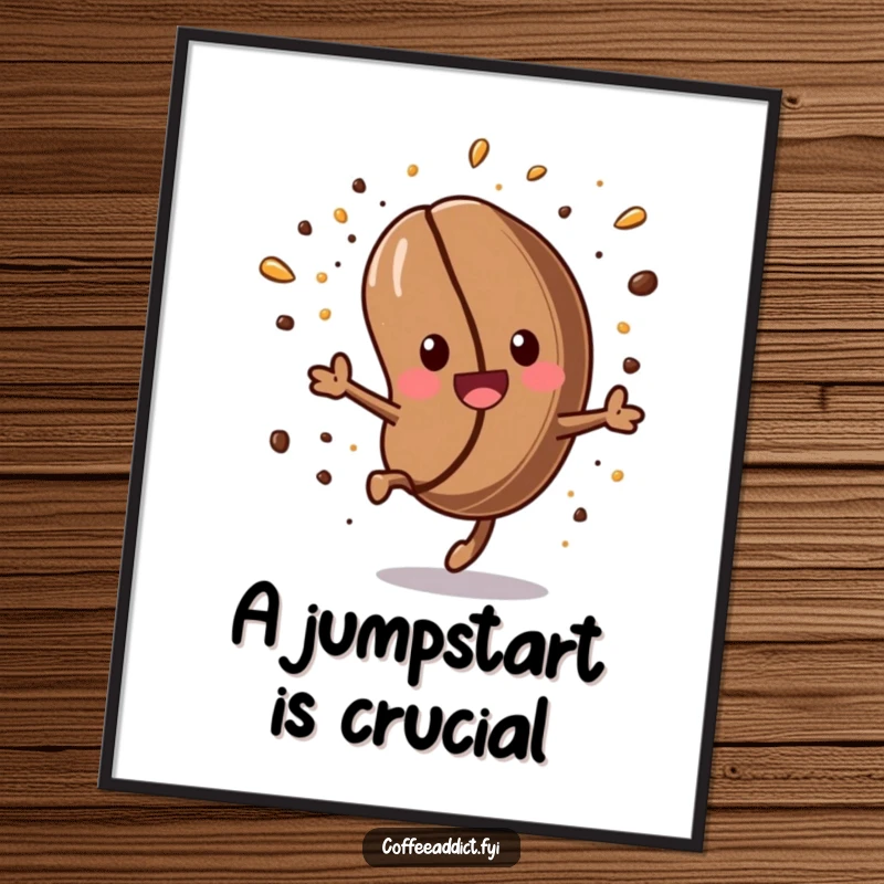 Funny Kawaii Coffee Bean Digital Art Print: Energetic coffee bean doing a somersault, a high-resolution design for humorous wall decor.