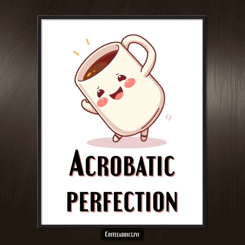 Funny digital artwork of a coffee mug in a dynamic, happy somersault, perfect for instant energetic and humorous wall decor.