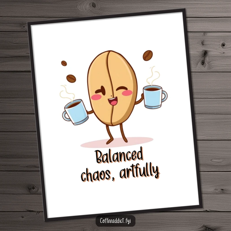 Funny digital artwork of a winking coffee bean skillfully juggling steaming mugs, available for instant download and display.