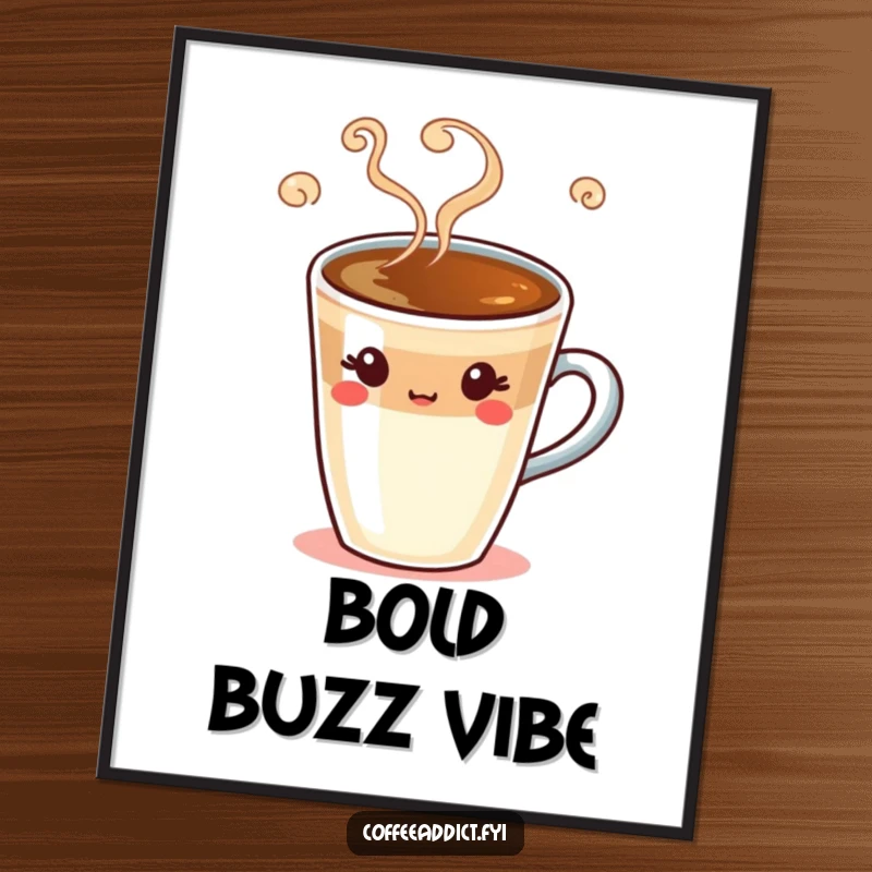 Funny espresso shot digital art print of a winking coffee character with swirling steam, perfect for instant humorous decor.