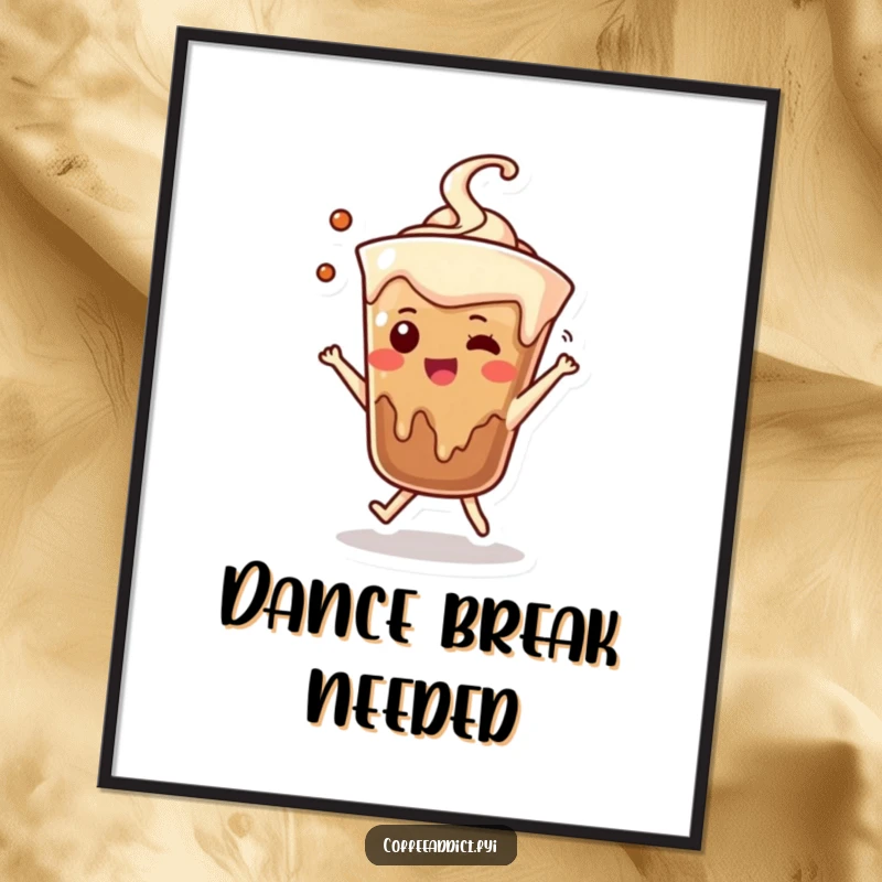Funny digital art print of a coffee drip character in an adorable dancing pose, ready to jazz up decor.