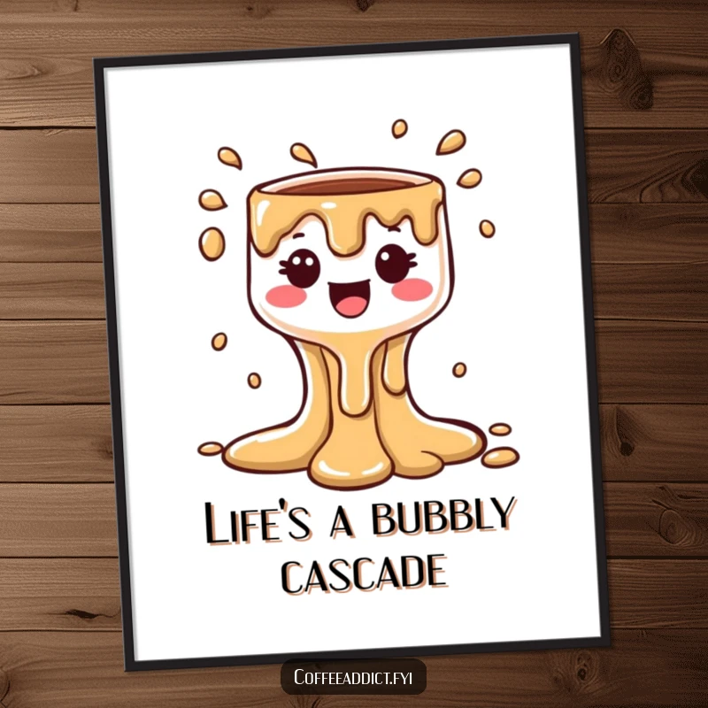 Funny Kawaii Coffee Drip digital art print of a cute character creating a bubbly cascade, bringing humor and charm to decor.