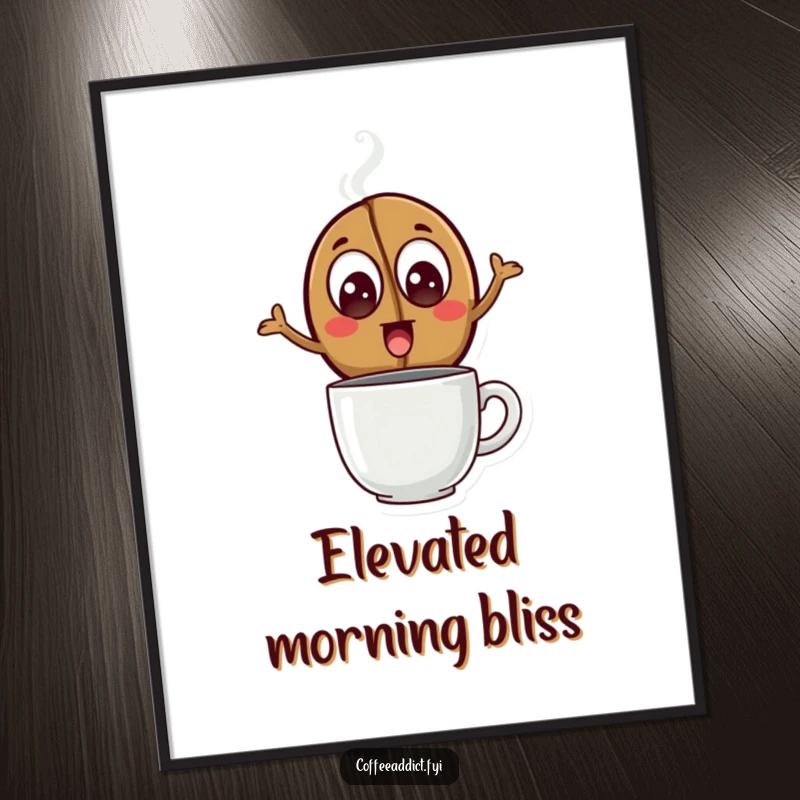 Funny Digital Art Print of a coffee bean with excited eyes leaping over a steaming mug, ideal for vibrant and humorous home decoration.