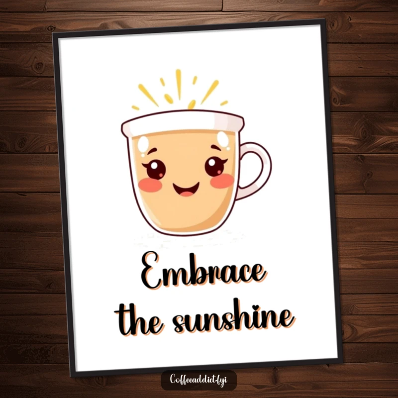 Funny Digital Art Print: Coffee cup character with a radiant smile, emanating warmth and happiness, a cheerful artwork for walls.