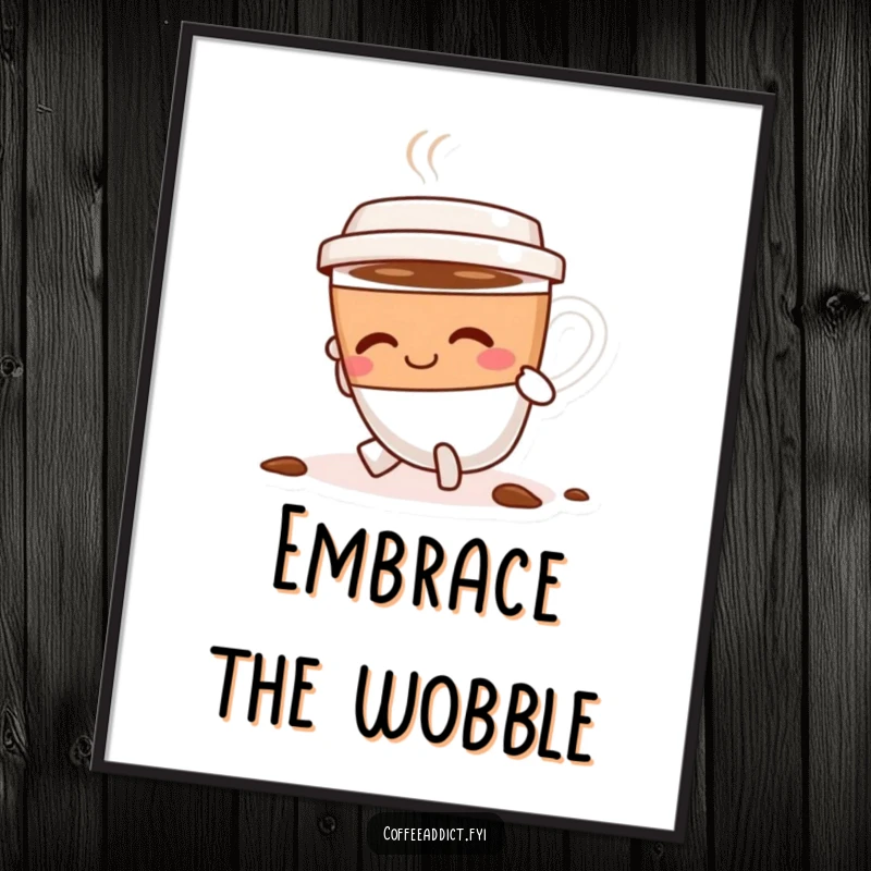 Funny coffee cup character tripping slightly, smiling and dusting itself off, a cheerful and resilient digital art print for walls.