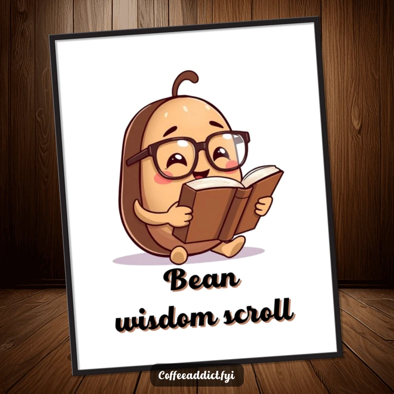 Funny Digital Art Print: Coffee bean character with spectacles, reading a comically large book, offering intellectual and humorous wall art.