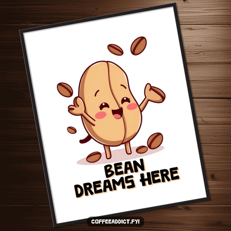 Funny digital art print of a lively coffee bean juggling smaller beans, perfect for instant download and adding playful humor to any digital display.