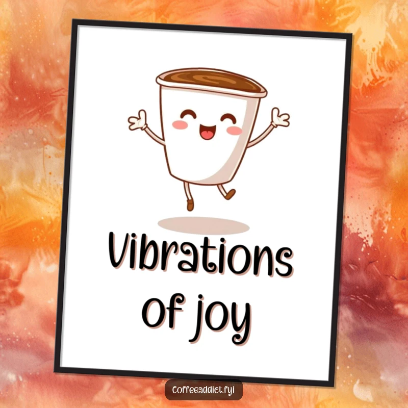 Funny digital art print of a coffee cup character with tiny legs dancing energetically, radiating pure happiness and playful motion.