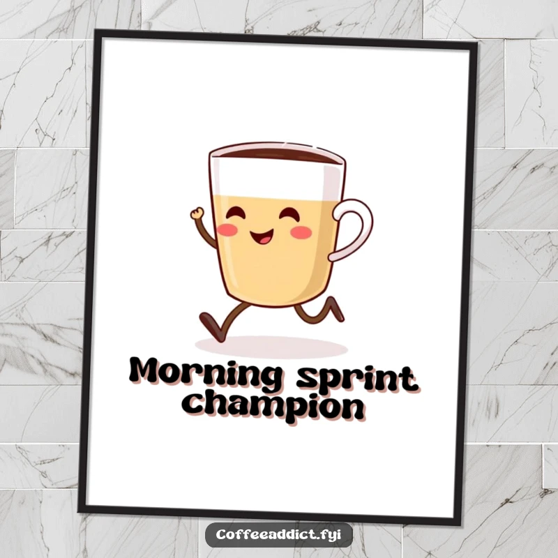 Funny digital art print of a smiling coffee cup with tiny legs joyfully sprinting towards a steaming coffee pot.