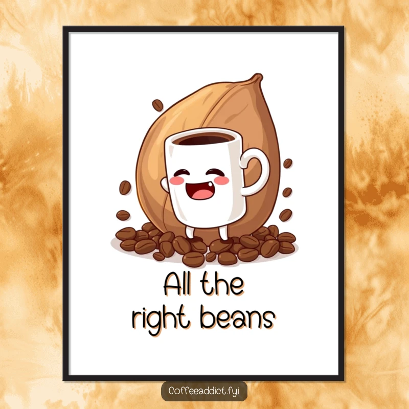 Funny digital art print of a coffee mug character comically struggling with a massive coffee bean, instant wall art.