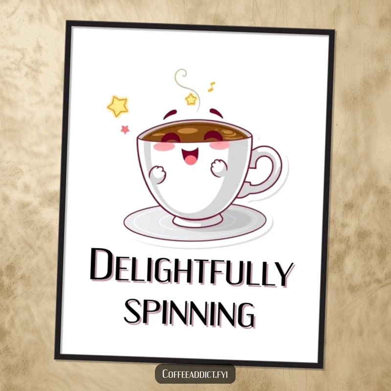 Funny digital art print of a coffee saucer character spinning with pure delight, perfect for energetic decor.