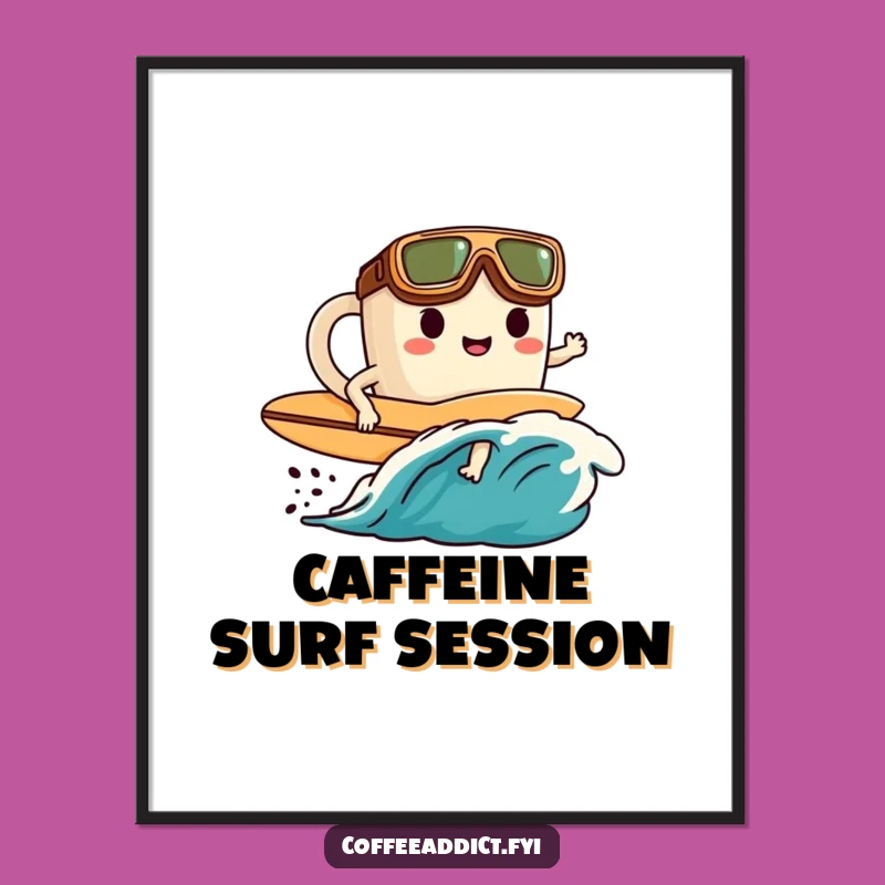 Funny Coffee Surfer Digital Art Print: Goggled Character, Coffee Wave