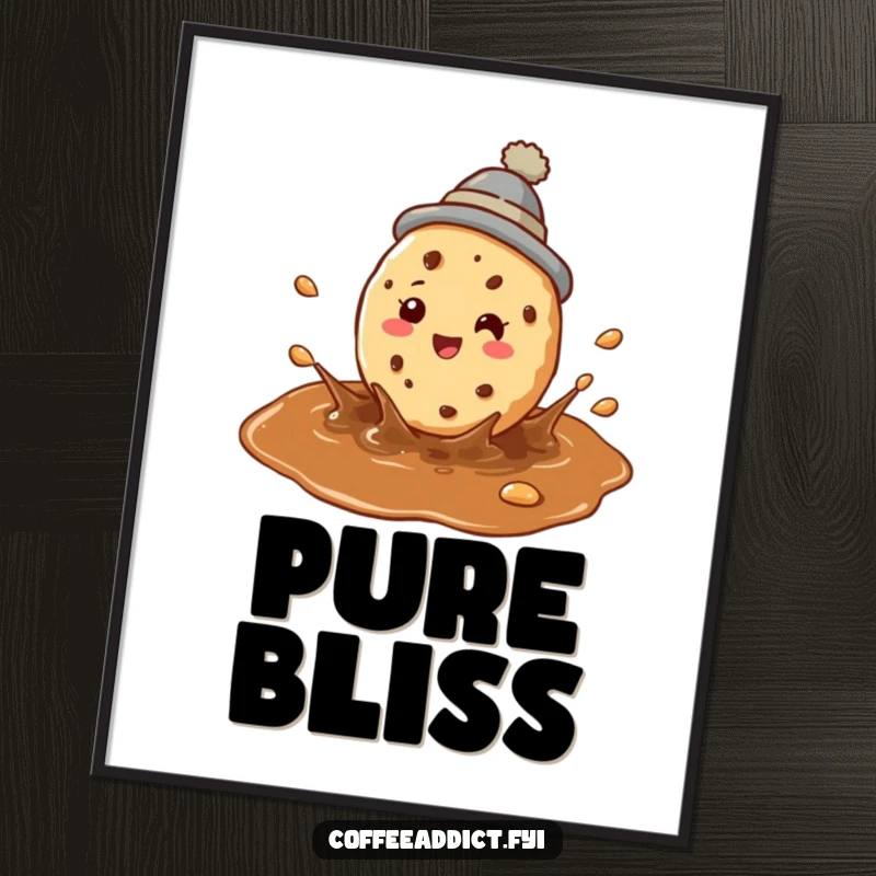 Funny cookie coffee digital art print of a perky cookie in a hat splashing joyfully in coffee.