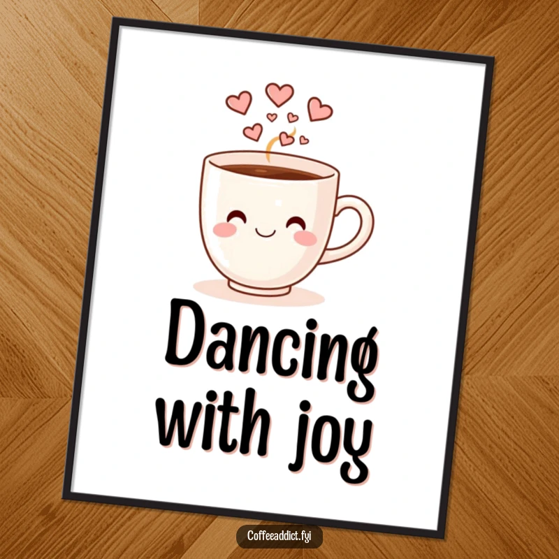 Funny smiling coffee cup with heart-shaped steam doing a happy dance, as a charming digital art print.