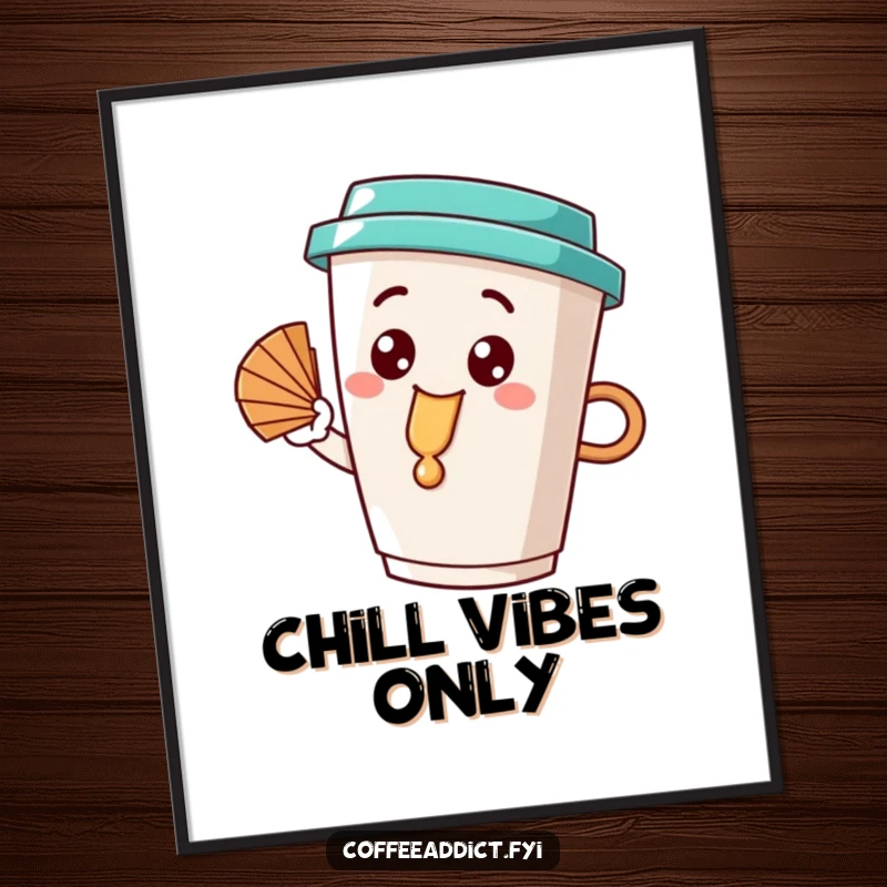 Funny coffee cup character with a happy dribble, fanning itself with a leaf, a vibrant and humorous digital art print for walls.