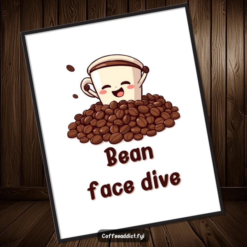 Funny Digital Art Print: Coffee cup character dramatically faceplanting into a pile of coffee beans, a comical and humorous artwork for walls.
