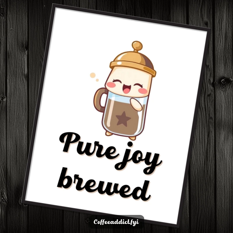 Funny digital art print of a French press character exuding a bubbly sigh of pure coffee delight.