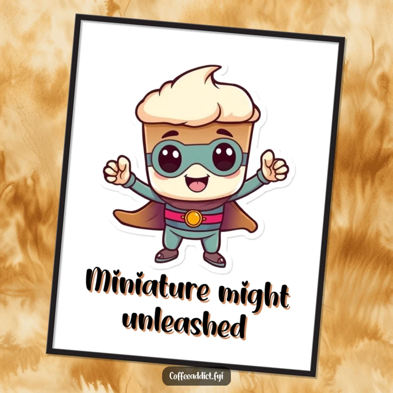 Funny heroic espresso shot digital art print, striking a tiny pose. Instant courageous decor, perfect for gifting to brave souls.