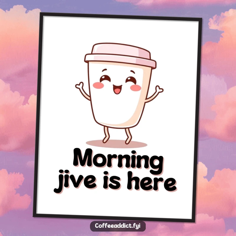 Funny Kawaii Coffee Cup Digital Art Print of a cute character doing a happy little jig, perfect for instant download and cheerful decor.