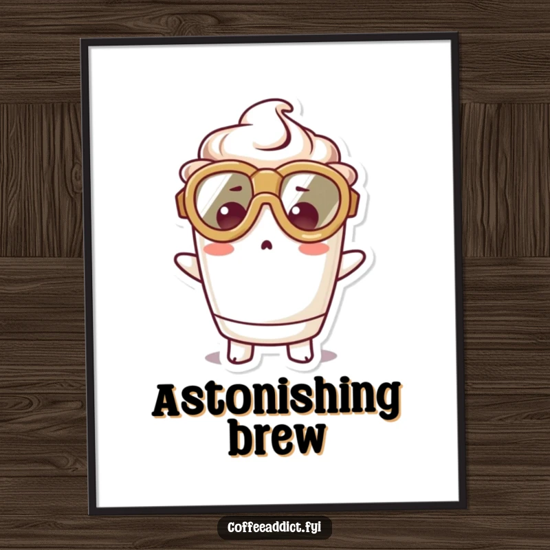 Funny digital art print of a kawaii coffee cup character in oversized goggles, expressing hilarious surprise, perfect for charming decor.