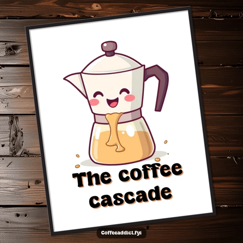 Funny kawaii coffee pot with a wide smile pouring a cascade of coffee, as a cheerful digital art print.
