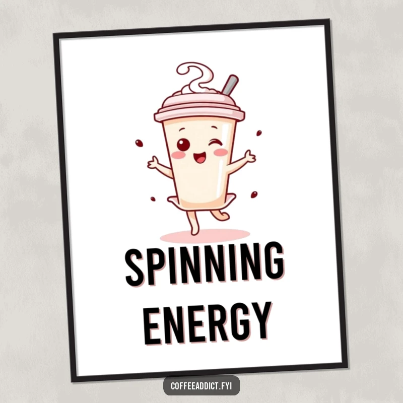 Funny Kawaii Coffee Stirrer Dancer Digital Art Print featuring a small character performing an enthusiastic twirl, ideal for instant decor.