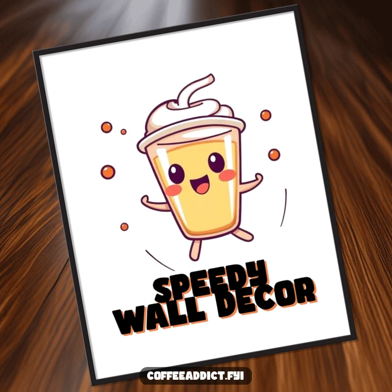 Funny Kawaii Espresso Shot Digital Art Print of a character zipping around with high energy, ready for instant download and display.