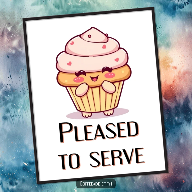 Funny Kawaii muffin digital art print of a character doing a pleased little bow, perfect for sweet home decor.