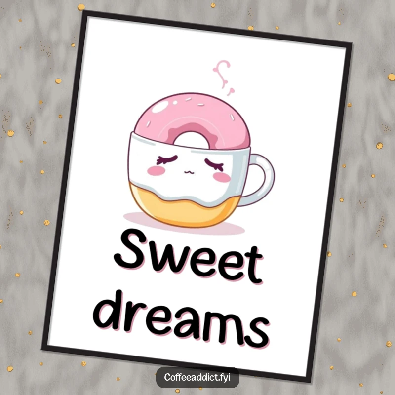 Funny sleepy donut digital art print of a donut nudged by a steaming coffee mug, perfect for instant cute decor.