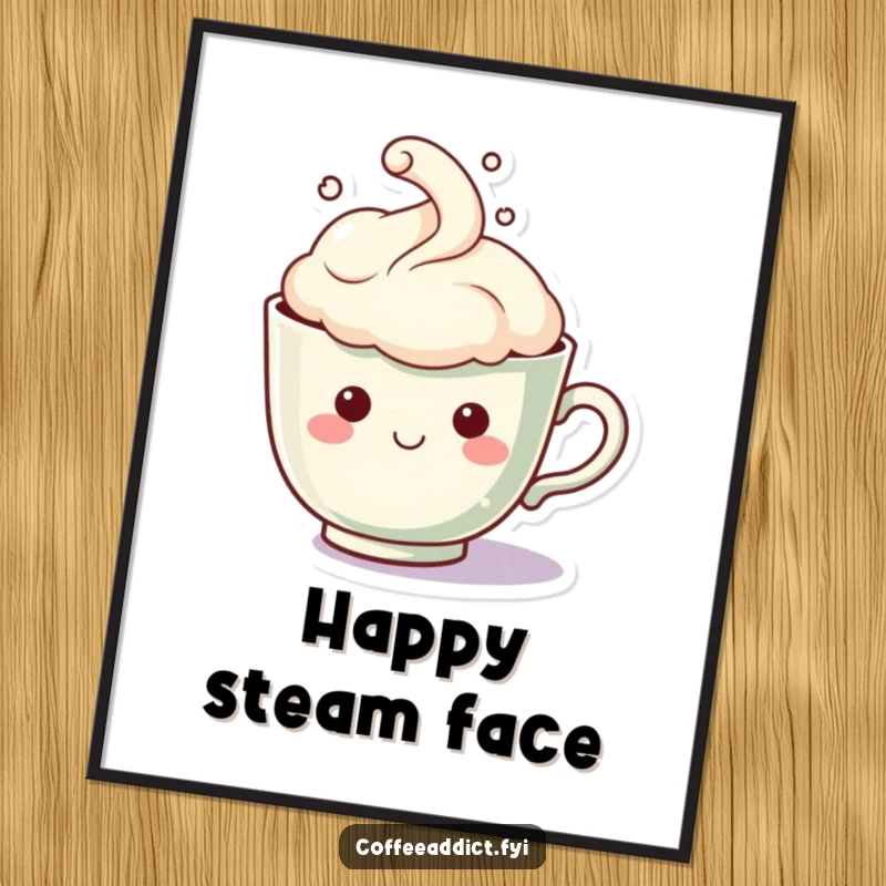 Funny Kawaii Teacup Digital Art Print: High-resolution artwork of a cute teacup character with a steam cloud forming a happy, smiling face, full of warmth.