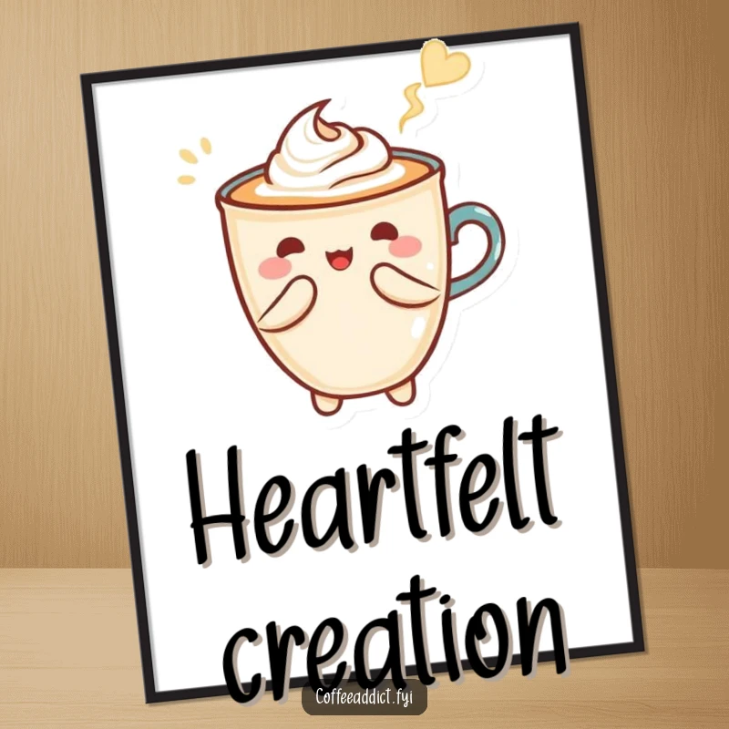 Funny digital art print of Kawaii latte art forming a heart shape with a flourish, perfect for charming wall decor.