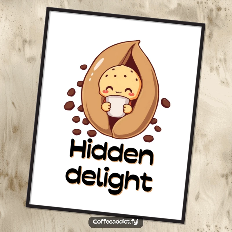 Funny shy muffin digital art print of a muffin peeking from behind a giant coffee bean, holding a tiny cup.