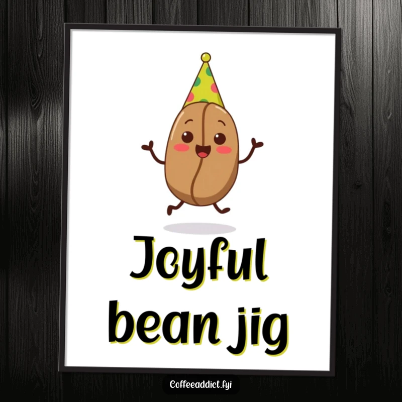 Funny digital artwork of a coffee bean in a party hat doing a joyful jig, perfect for instant festive and humorous wall decor.