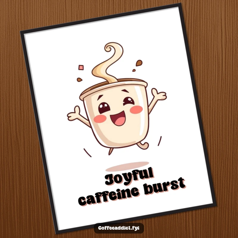 Funny excited coffee cup digital art print, steam rising, jumping for joy. Instant energetic decor, perfect for gifting to coffee lovers.