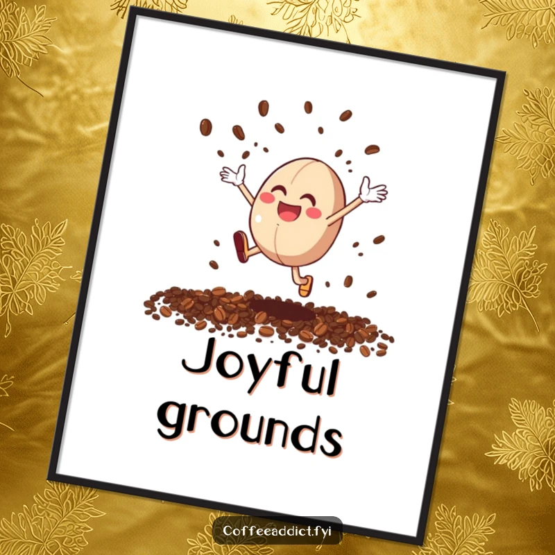 Funny Coffee Bean Joy Digital Art: Printable artwork of a coffee bean character leaping with joy, scattering grounds like confetti.