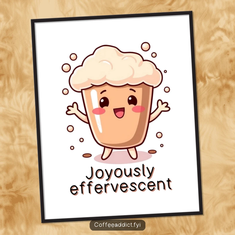 Funny Digital Art Print of a coffee cup with bubbly foam doing a playful dance, ideal for vibrant and humorous home decoration.