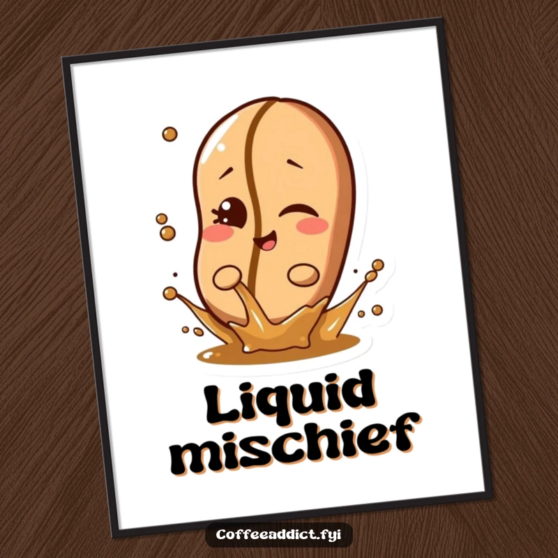 Funny coffee bean character winking slyly while splashing a tiny amount of liquid, a playful and humorous digital art print for walls.