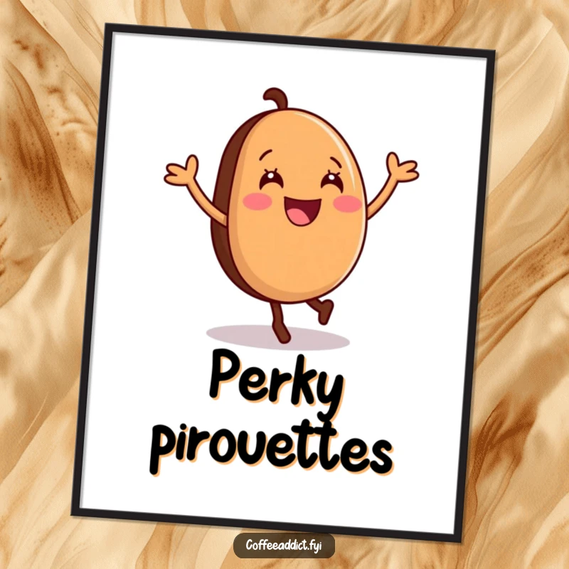 Funny Digital Art Print of a coffee bean joyfully cartwheeling, ideal for vibrant and humorous home decoration.