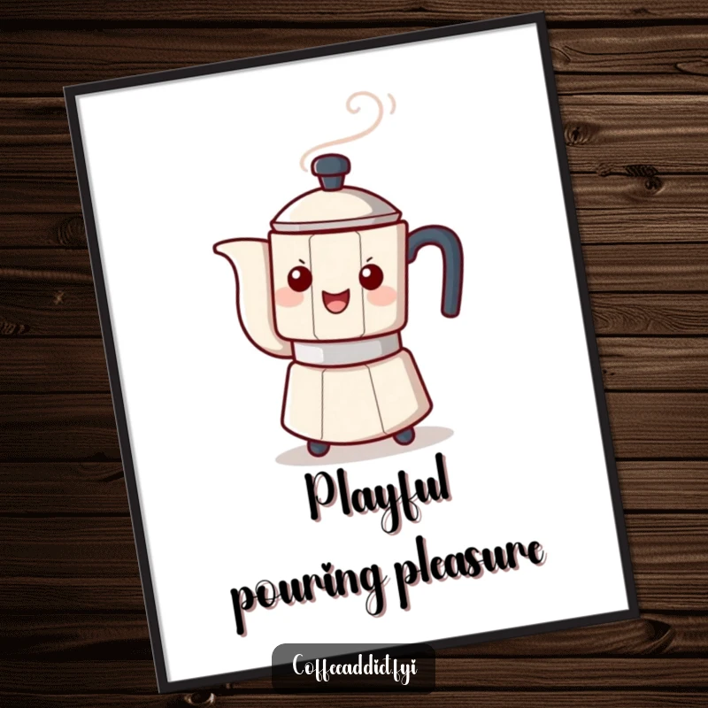 Funny digital artwork of a steaming coffee pot character playfully tipping, perfect for instant whimsical and humorous wall decor.