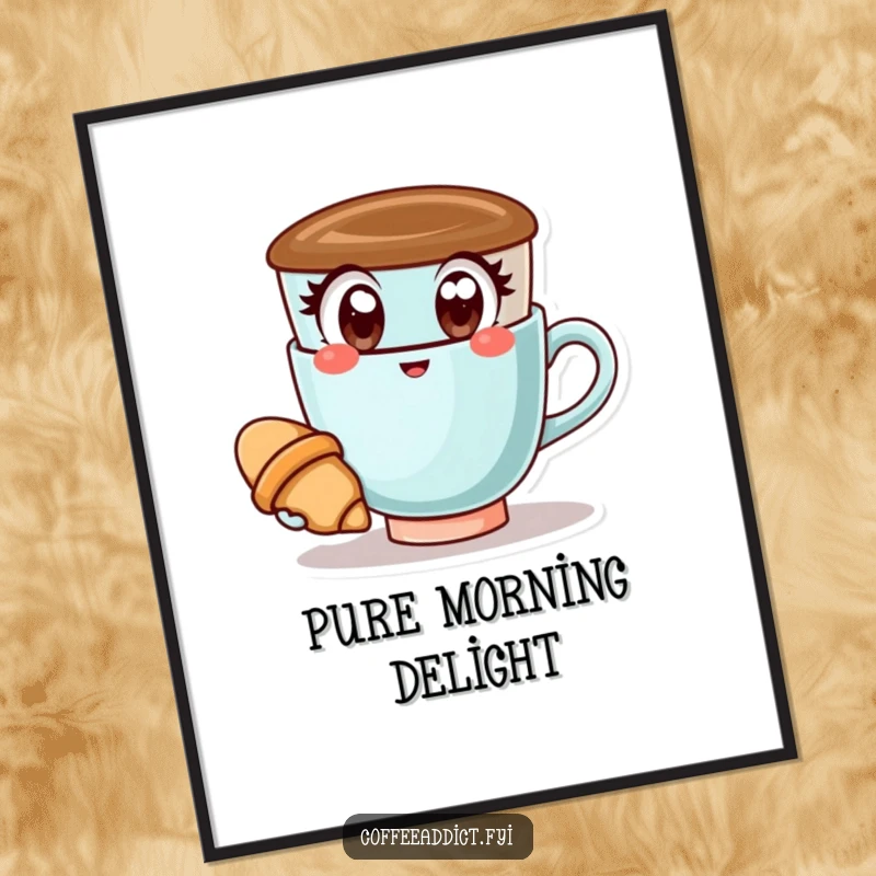 Funny Kawaii Coffee Cup Digital Art Print: Happy coffee cup holding a croissant, a high-resolution design for cheerful wall decor.