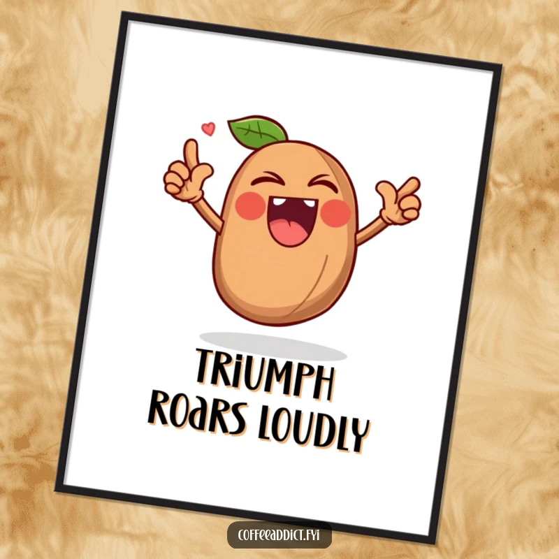 Funny digital art print of a coffee bean character roaring triumphantly, perfect for bold decor.